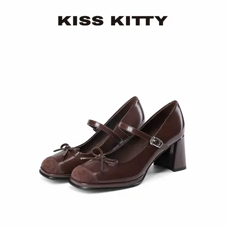 KISSKITTY女鞋子晚晚鞋麂皮拼接浅口单鞋新款高跟鞋法式玛丽珍鞋图片