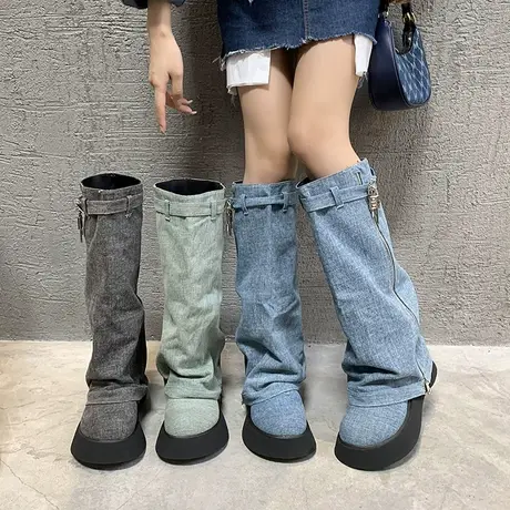 长筒靴女2023春秋新款小众设计感不过膝堆堆靴厚底增高西部牛仔靴商品大图