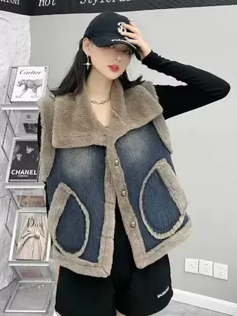 2023秋冬加绒牛仔马甲女韩版宽松仿兔绒加厚坎肩棉背心百搭短外套图片