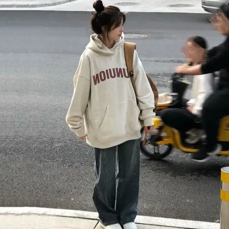 加绒加厚连帽卫衣女秋冬2023新款爆款oversize慵懒风长袖上衣外套商品大图