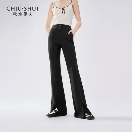 秋水伊人断码清仓黑色裤子女秋季时尚显瘦开叉设计感喇叭裤休闲裤商品大图