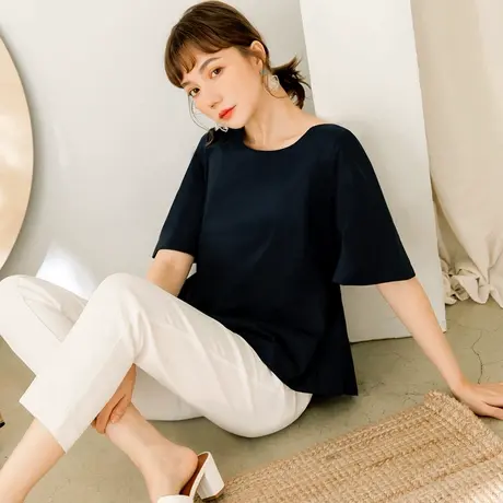 桔熊夏季舒适文青小衫纯色五分荷叶袖宽松短袖上衣女大码AB15937商品大图