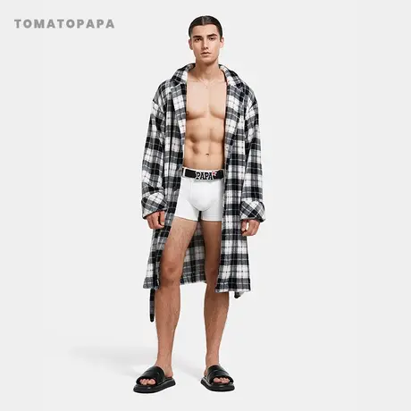 TOMATOPAPA意式领冬季保暖居家睡袍百搭格子浴袍潮侧开叉绑腰设计商品大图