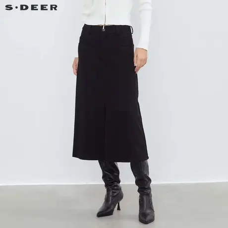 sdeer圣迪奥冬季女装复古高腰条纹插袋开叉A字长裙S23481101图片