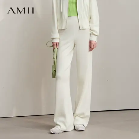 Amii2025秋新款极简纯色宽松弹力橡筋腰百搭毛织阔腿休闲长裤女图片