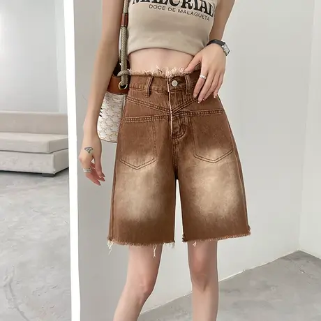 复古牛仔短裤女五分夏季薄款高腰a字宽松显瘦ins小众毛边阔腿中裤商品大图