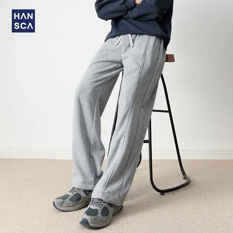 hansca370g绵羊毛灰色直筒休闲裤男秋季宽松大码压褶抽绳百搭裤子商品大图