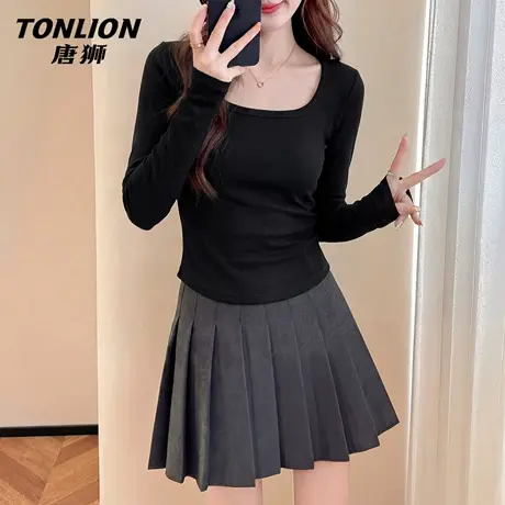 唐狮官方修身显瘦长袖t恤女2026新款春短款方领打底衫黑色上衣VC图片