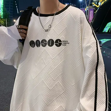 提花圆领美式卫衣男秋冬季新款oversize宽松条纹长袖内搭打底衫潮商品大图