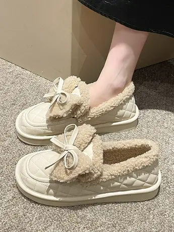 网红蝴蝶结羊羔毛毛鞋女2023秋冬新款平底加绒保暖豆豆鞋休闲棉鞋商品大图