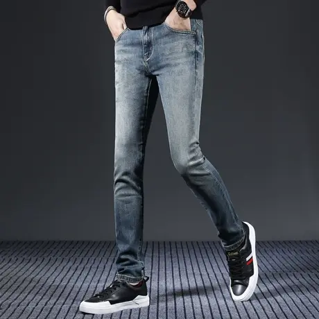 高级牛仔裤男2023新款秋冬款修身小脚水洗蓝色弹力休闲男装裤子图片