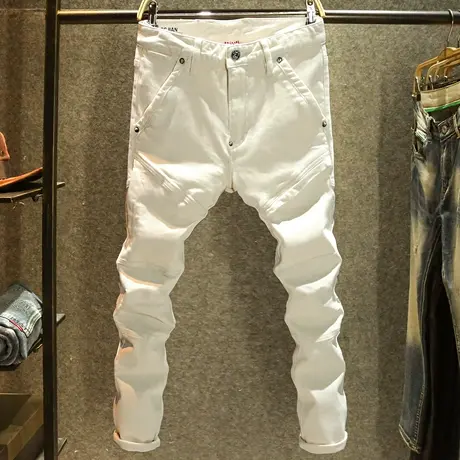 白色机车牛仔裤男秋冬款修身小脚裤高端个性拼接原创设计潮牌裤子图片