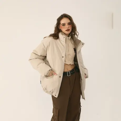 复古纯色立领棉服女冬季加厚外套2023新款美式潮牌宽松面包服棉衣商品大图
