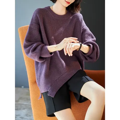 宝诗黎圆领不规则下摆纯色慵懒毛衣女2023秋冬新款长袖宽松针织衫图片