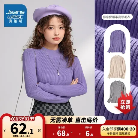 WD真维斯女装休闲保暖纯色修身针织衫 冬季半高领毛衣女商品大图