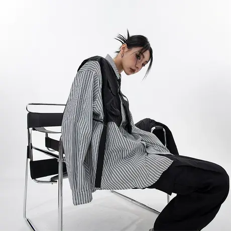 复古假两件条纹衬衫女春秋2023年新款设计感工装衬衣宽松潮牌上衣商品大图