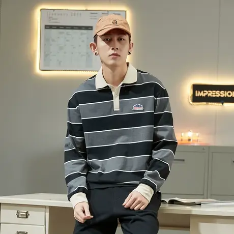 唐狮条纹Polo衫春夏新款男士纯棉t恤polo翻领长袖宽松正品衣服图片