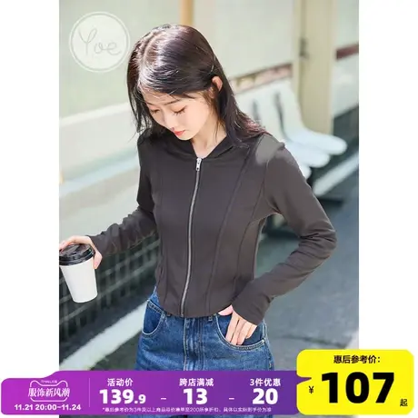 yoe针织开衫长袖t恤深灰色连帽卫衣女小个子鱼骨上衣拉链外套女装图片