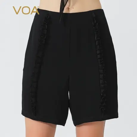 VOA墨黑40姆米双面乔重磅桑蚕丝自然腰侧插袋休闲宽松真丝短裤女图片