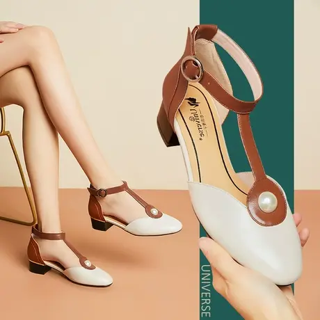 女凉鞋年新款玛丽珍复古包头中跟粗跟珍珠真皮休闲舒适套脚鞋商品大图