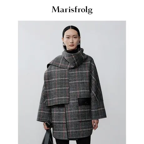 【艺术时装大衣】玛丝菲尔秋冬时尚圆领格纹大衣外套图片