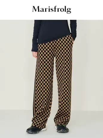 【言选好物】玛丝菲尔23秋季新款咖色高腰棋盘格针织阔腿裤商品大图