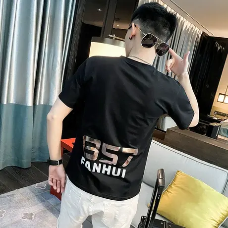 夏季男士t恤短袖修身半袖亮面字母网红潮牌百搭ins潮流圆领体恤商品大图