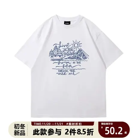 美式复古设计感度假风户外露营印花T恤女潮牌休闲宽松纯棉短袖图片