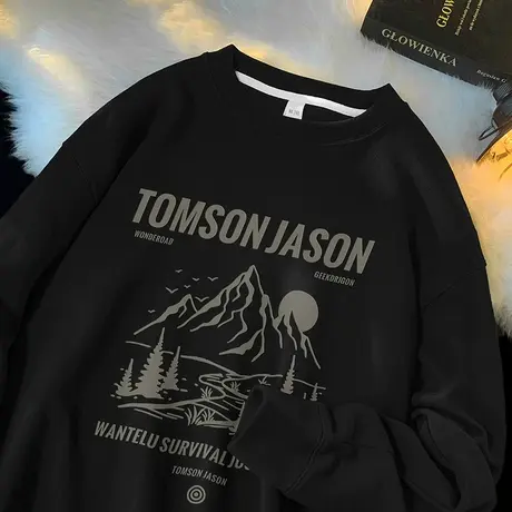 350g重磅卫衣男秋冬款宽松圆领长袖t恤无帽衫美式休闲黑色上衣服商品大图