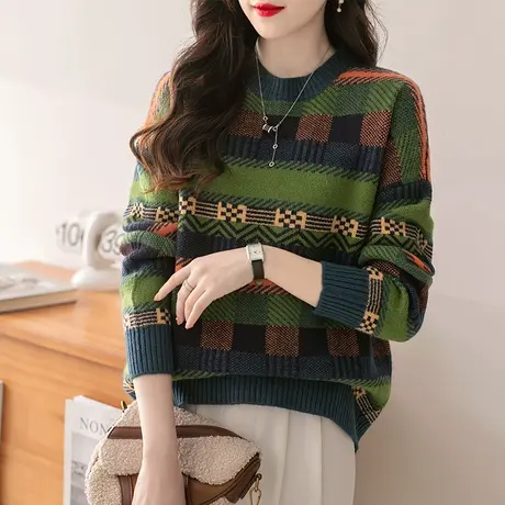 高级感网红爆款撞色圆领毛衣女冬加厚新款2022百搭慵懒打底针织衫图片