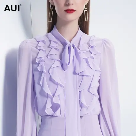 AUI设计感小众长袖紫色雪纺衬衫女夏2023年新款荷叶边很仙的上衣图片