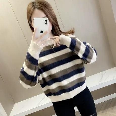 秋装女士毛衣新款2023秋冬宽松套头条纹针织衫早秋季上衣外穿洋气商品大图
