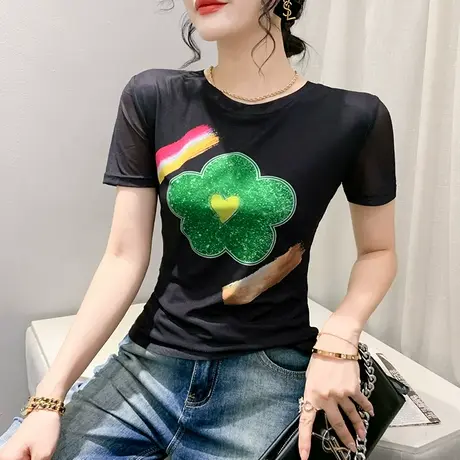 气质网纱T恤女短袖2024夏装新款时尚减龄印花上衣修身圆领小衫夏图片