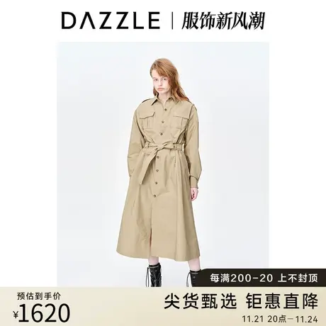 DAZZLE地素奥莱23春季新款卡其色简约通勤长款收腰系带风衣外套图片