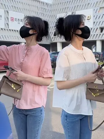 圆领短袖拼接设计感宽松棉衬衫 女2023夏季新款休闲显瘦百搭衬衣商品大图