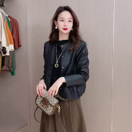 短款皮衣外套女机车服2023春秋新款帅气休闲小皮褂百搭圆领皮夹克图片