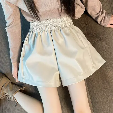 白色高腰皮短裤女秋冬新款显瘦宽松a字阔腿pu外穿靴裤百搭五分裤商品大图