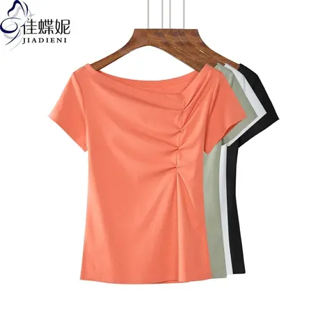 夏季新款韩版纯棉纯色斜领修身显瘦褶皱短袖体恤上衣内搭女装T恤图片