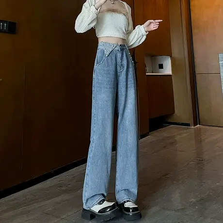 蓝色阔腿牛仔裤女2023春秋新款高腰显瘦时尚钉珠垂感直筒拖地裤子商品大图