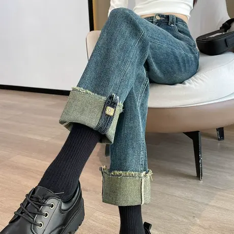 复古高腰直筒牛仔裤女2023春秋新款宽松显瘦卷边九分小个子烟管裤商品大图