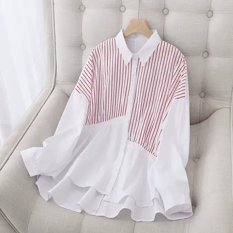 黑白条纹拼接衬衫女2022秋装新款韩版宽松休闲衬衣中长款上衣外穿图片