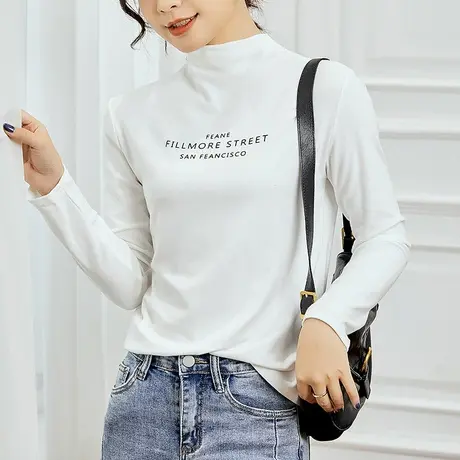 半高领字母修身长袖T恤女春秋冬新款磨毛宽松打底衫韩版内搭上衣商品大图