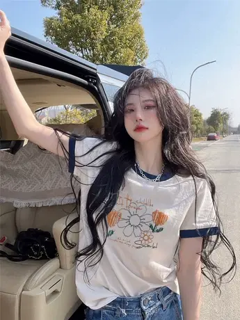 白色仿棉短袖t恤女夏季小众设计感复古港味chic女装正肩撞色上衣商品大图