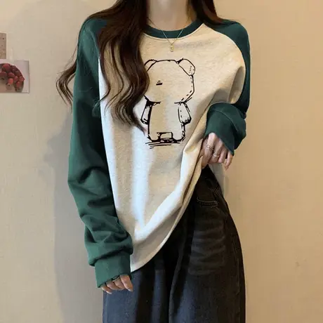 加绒加厚插肩袖T恤女韩版休闲百搭宽松秋冬装拼接撞色长袖上衣服商品大图