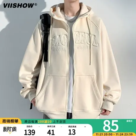 VIISHOW美式复古麂皮绒印花连帽卫衣男潮牌嘻哈宽松百搭套头外套商品大图