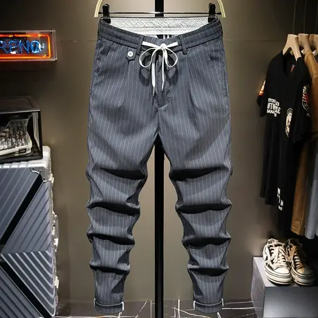 夏季薄款条纹男士商务休闲小西裤男直筒百搭九分裤男休闲裤男裤子图片