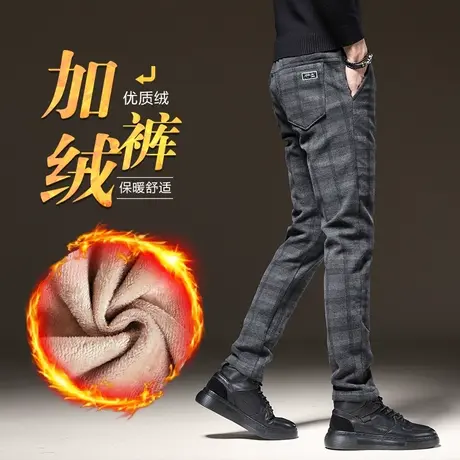 格子西裤子男士加绒裤加厚商务休闲裤直筒秋冬款冬季保暖外穿棉裤商品大图
