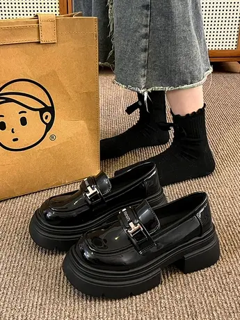 厚底增高英伦风小皮鞋女2023新款秋冬百搭一脚蹬黑色乐福鞋jk单鞋商品大图