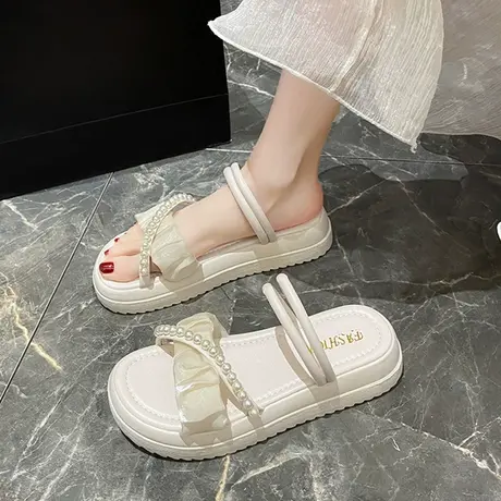 网红拖鞋外穿夏季女2023年新款珍珠仙女风两穿厚底小香风沙滩凉鞋商品大图