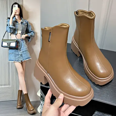 粗跟高跟短靴女2023新款厚底马丁靴子春秋单靴增高显瘦冬季加绒靴图片